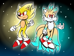 Size: 4032x3024 | Tagged: safe, artist:1upniall, miles "tails" prower, sonic the hedgehog, super sonic, super tails, 2025, abstract background, alternate super form, clenched fist, duo, flying, frown, glowing eyes, kitsune, looking offscreen, mid-air, outline, star (sky), super form