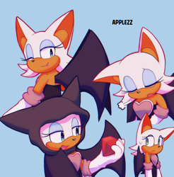 Size: 1262x1280 | Tagged: safe, artist:applezz_4, rouge the bat, 2025, blue background, chaos emerald, eyes closed, frown, holding something, hood, hood up, looking at something, looking at viewer, looking offscreen, mouth open, open smile, sighing, signature, simple background, smile, solo, sweatdrop, wink