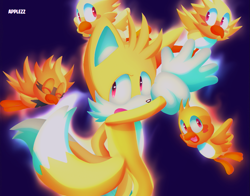 Size: 1331x1044 | Tagged: safe, artist:applezz_4, flicky, miles "tails" prower, super tails, 2025, eyes closed, flying, group, lineless, looking back, looking over shoulder, mid-air, mouth open, open smile, purple background, signature, simple background, smile, super form