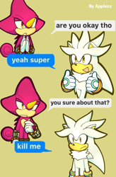 Size: 1060x1620 | Tagged: safe, artist:applezz_4, espio the chameleon, silver the hedgehog, 2024, dialogue, double thumbs up, duo, english text, frown, lidded eyes, mouth open, open smile, signature, simple background, smile, speech bubble, standing, talking, thumbs up, yellow background