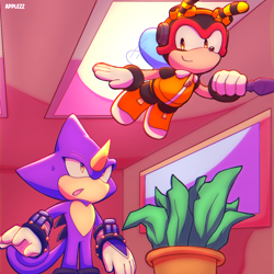 Size: 1280x1280 | Tagged: safe, artist:applezz_4, charmy bee, espio the chameleon, 2025, abstract background, duo, flying, holding something, indoors, kunai knife, light, looking at each other, mid-air, mouth open, plant, plant pot, signature, smile, standing, surprised, sweatdrop, window