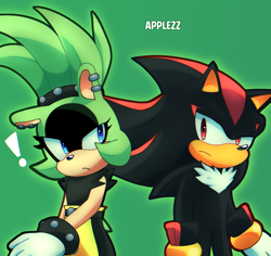 Size: 1412x1334 | Tagged: safe, artist:applezz_4, shadow the hedgehog, surge the tenrec, 2025, duo, exclamation mark, floppy ear, frown, green background, looking at each other, outline, signature, simple background, standing
