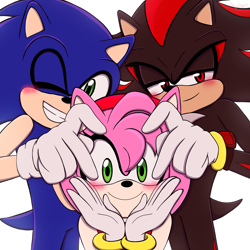 Size: 3072x3072 | Tagged: safe, artist:berryanime-97, amy rose, shadow the hedgehog, sonic the hedgehog, hedgehog, 2025, amy x shadow, amy x shadow x sonic, amy x sonic, bisexual, blushing, heart hands, lidded eyes, looking at viewer, polyamory, shadow x sonic, shipping, simple background, smile, smiling at viewer, standing, straight, trio, white background, wink