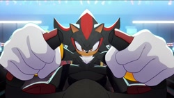 Size: 2048x1153 | Tagged: safe, artist:creechurr, shadow the hedgehog, 2025, car, driving, eyelashes, holding something, no mouth, redraw, sitting, solo, sonic racing crossworlds, spread legs, steering wheel