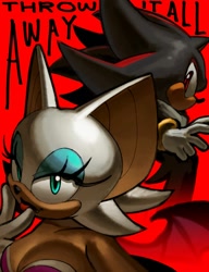 Size: 921x1200 | Tagged: safe, artist:edlucavalden, rouge the bat, shadow the hedgehog, 2025, duo, english text, eyestrain, looking at viewer, no mouth, red background, simple background, smile, smiling at viewer, standing, text, throw it all away (song), tongue out