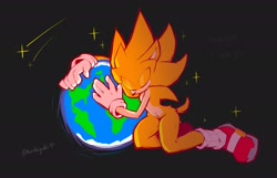 Size: 2048x1320 | Tagged: safe, artist:tsuukiyaki, sonic the hedgehog, super sonic, 2025, black background, cute, dialogue, earth, eyes closed, hugging, kneeling, no mouth, planet, shooting star, signature, simple background, solo, sparkles, super form, text