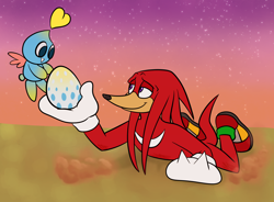 Size: 2036x1500 | Tagged: safe, artist:crazyechidnalady, knuckles the echidna, chao, abstract background, chao egg, egg, flat colors, heart, neutral chao, outdoors, star (sky)