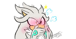 Size: 1024x531 | Tagged: safe, artist:hhuniii, silver the hedgehog, 2017, blushing, covering mouth, embarrassed, gloves off, grey background, looking offscreen, shrunken pupils, signature, simple background, solo, star (symbol)