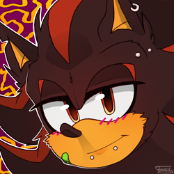 Size: 3048x3048 | Tagged: safe, artist:artisterki, shadow the hedgehog, 2023, abstract background, bandaid, blushing, cheek fluff, chin peircing, ear fluff, ear piercing, earring, eyebrow piercing, face fluff, face piercing, icon, lidded eyes, looking at viewer, outline, signature, smile, smiling at viewer, solo