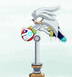 Size: 1500x1600 | Tagged: safe, artist:penumbramewtwos, silver the hedgehog, 2025, checkpoint, holding something, looking offscreen, mouth open, shrunken pupils, solo, star post