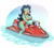 Size: 900x811 | Tagged: suggestive, artist:omegasunburst, breezie the hedgehog, hedgehog, 2017, abstract background, barefoot, busty breezie, cleavage, clenched teeth, daytime, ear piercing, earring, holding something, jetski, looking at viewer, motorboat, outdoors, riding, shine, sitting, smile, solo, swimsuit, vehicle, water
