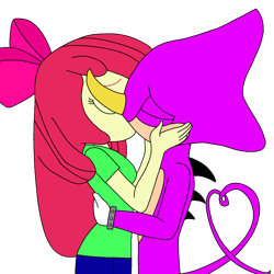 Size: 768x768 | Tagged: safe, artist:cheetahpearl2, espio the chameleon, human, 2023, age difference, apple bloom, apple bloom x espio, base used, crossover, crossover shipping, duo, equestria girls, eyes closed, flat colors, holding each other, hugging, kiss, my little pony, shipping, simple background, standing, straight, transparent background, underage