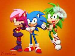 Size: 1024x769 | Tagged: safe, artist:karneolienne, sonia the hedgehog, sonic the hedgehog, sonic underground, 2020, arms folded, brother and sister, brothers, drumstick, gradient background, looking at viewer, manic the hedgehog, mid-air, mouth open, open smile, siblings, signature, smile, smiling at viewer, spinning object, standing, trio, v sign, wink
