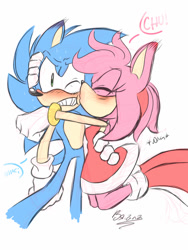 Size: 768x1024 | Tagged: safe, artist:electricloba, amy rose, sonic the hedgehog, 2014, amy x sonic, blushing, blushing ears, chu, clenched teeth, dubious consent, duo, embarrassed, eyes closed, frown, heart, holding each other, kiss, kiss on cheek, looking at them, mid-air, one eye closed, sfx, shipping, signature, simple background, standing, straight, white background