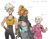 Size: 1190x938 | Tagged: safe, artist:simonsoys, jewel the beetle, tangle the lemur, whisper the wolf, human, 2020, bandaid, bandaid over nose, character name, clothes, diamond cutters, eyes closed, female, frown, hand on hip, holding something, humanized, signature, smile, standing, tan skin, text, trio
