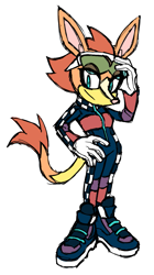 Size: 739x1315 | Tagged: safe, artist:murkybouquet, oc, oc:meteor the bilby, 2023, bilby, bodysuit, eyewear on head, flat colors, gloves, hand on hip, looking at viewer, oc only, shoes, simple background, smile, smiling at viewer, solo, sunglasses, white background, zip