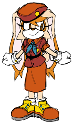 Size: 762x1285 | Tagged: safe, artist:murkybouquet, cream the rabbit, 2023, aged up, clenched fists, clothes, eyelashes, flat colors, gloves, hat, looking offscreen, older, scout outfit, shoes, simple background, skirt, smile, solo, standing, white background