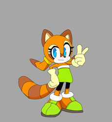 Size: 2500x2716 | Tagged: safe, artist:bluetravler, marine the raccoon, 2025, gloves, grey background, hand on hip, pointing, shoes, simple background, smile, smiling at viewer, solo, standing