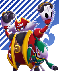 Size: 3546x4299 | Tagged: safe, artist:k0mario, johnny, sonic rush adventure, 2022, abstract background, absurd res, captain whiskers, clenched fists, duo, glowing eyes, hands up, looking at viewer, robot, standing, yellow sclera