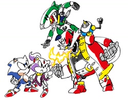 Size: 1581x1246 | Tagged: safe, artist:maurofonseca, blaze the cat, johnny, sonic the hedgehog, sonic rush adventure, 2020, badnik, black sclera, captain whiskers, clenched fists, fire, flame, frown, group, looking at each other, looking at them, mum, robot, standing