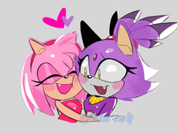 Size: 1600x1200 | Tagged: safe, artist:blu-ish, amy rose, blaze the cat, 2025, amy x blaze, amybetes, blazebetes, blushing, bust, cheek squish, cheek to cheek, cute, duo, grey background, heart, lesbian, mouth open, one fang, open smile, shipping, signature, simple background, smile