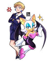 Size: 954x1183 | Tagged: safe, artist:findourfuture, agent topaz, rouge the bat, human, arms folded, cross popping vein, duo, flying, frown, mid-air, outline, signature, smile, smiling at viewer, sonic x, sparkles, standing
