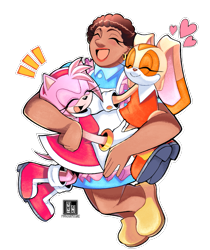 Size: 1145x1366 | Tagged: safe, artist:findourfuture, amy rose, cream the rabbit, human, blushing, cute, dark skin, ella, eyes closed, heart, hugging, mouth open, open smile, outline, signature, smile, sonic x, trio