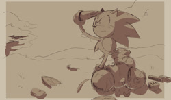 Size: 1932x1125 | Tagged: safe, artist:holidaymidi, caterkiller, sonic the hedgehog, badnik, death, greyscale, looking offscreen, monochrome, mouth open, robot, solo, standing, standing on something