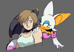 Size: 932x659 | Tagged: safe, artist:holidaymidi, agent topaz, rouge the bat, human, 2025, duo, flying, grey background, hand on shoulder, mid-air, one fang, simple background, smile, smiling at each other, standing