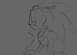 Size: 740x537 | Tagged: safe, artist:holidaymidi, scourge the hedgehog, 2025, clenched teeth, eyewear on head, frown, grey background, jacket, line art, looking offscreen, monochrome, open jacket, scar, simple background, sketch, solo, standing, sunglasses, sweatdrop