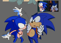 Size: 777x548 | Tagged: safe, artist:holidaymidi, sonic the hedgehog, sonic underground, 2025, clenched teeth, duo, grey background, hands up, looking at each other, mouth open, necklace, reference inset, self paradox, simple background, slapping, sonic satam, standing, sweatdrop