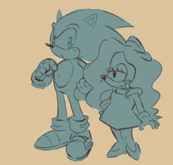 Size: 608x580 | Tagged: safe, artist:holidaymidi, sonic the hedgehog, hedgehog, 2025, character needed, duo, flat colors, frown, hair over one eye, looking at them, looking offscreen, monochrome, simple background, smile, standing, yellow background