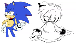 Size: 1440x850 | Tagged: safe, artist:holidaymidi, amy rose, sonic the hedgehog, hedgehog, 2025, amybetes, cute, duo, flat colors, hand on hip, lidded eyes, line art, looking at viewer, looking offscreen, mouth open, open smile, smile, smiling at viewer, standing, sweatdrop, wink
