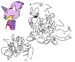 Size: 714x588 | Tagged: safe, artist:holidaymidi, blaze the cat, miles "tails" prower, sonic the hedgehog, 2025, cute, flat colors, holding something, line art, miles electric, monochrome, no mouth, simple background, trio, white background, yellow sclera