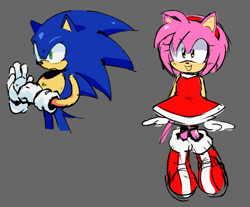 Size: 687x570 | Tagged: safe, artist:holidaymidi, amy rose, sonic the hedgehog, 2025, duo, grey background, looking offscreen, mouth open, open smile, simple background, smile