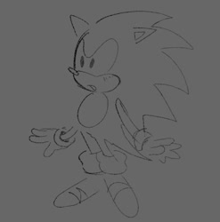 Size: 504x510 | Tagged: safe, artist:holidaymidi, sonic the hedgehog, 2025, classic sonic, grey background, line art, looking offscreen, monochrome, mouth open, simple background, solo