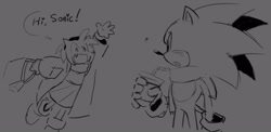 Size: 1245x610 | Tagged: safe, artist:holidaymidi, amy rose, sonic the hedgehog, 2025, alternate outfit, amybetes, bag, cute, dialogue, drink, duo, eyes closed, flat colors, holding something, line art, monochrome, mouth open, one fang, open smile, question mark, scarf, skirt, smile, standing, talking, text, waving
