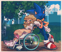 Size: 1700x1437 | Tagged: safe, artist:sugarhog-au, sonic the hedgehog, 2025, abstract background, alternate universe, border, daytime, disabled, duo, eyes closed, hedge, helen, laughing, leaf, leaning, missing tooth, mouth open, open smile, outdoors, park, sitting, smile, sonic x, standing, tree, wheelchair