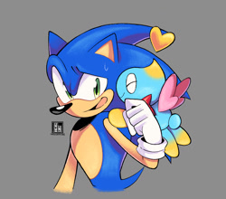Size: 1485x1307 | Tagged: safe, artist:findourfuture, cheese (chao), sonic the hedgehog, chao, 2025, cute, duo, eyes closed, grey background, heart, looking at them, mouth open, neutral chao, signature, simple background, smile, sonic x, sweatdrop