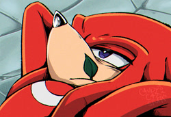 Size: 1065x729 | Tagged: safe, artist:candycatstuffs, knuckles the echidna, 2024, abstract background, arms behind head, frown, leaf, lidded eyes, looking up, lying back, lying down, redraw, solo, sonic x
