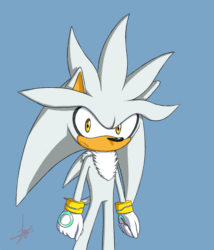 Size: 728x850 | Tagged: safe, artist:kitsunefusion, silver the hedgehog, 2012, animated, blue background, gif, hand on hip, looking at viewer, pointing, signature, simple background, smile, solo, standing