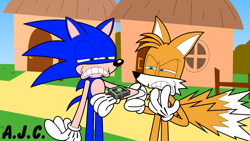 Size: 1440x810 | Tagged: safe, artist:ajc-artworks, miles "tails" prower, sonic the hedgehog, 2023, abstract background, clenched teeth, daytime, duo, faic, flat colors, house, meme, nice watch nerds!, outdoors, reaction image, redraw, signature, sonic paradox, squinting, standing, watch