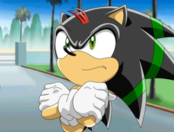 Size: 1896x1443 | Tagged: safe, artist:jaedenwalton, oc, oc:zero the artificial hedgehog, hedgehog, 2020, abstract background, daytime, fake screenshot, frown, grass, looking offscreen, oc only, outdoors, road, solo, sonic paradox, sonic x, sonic x style, tree