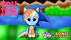 Size: 1920x1080 | Tagged: safe, artist:jaedenwalton, sonic the hedgehog, green hill zone, 2024, barely sonic related, crossover, gradient background, grass, kigurumi, looking at viewer, my little pony, pegasus, pony, rainbow dash, signature, sitting, smile, smiling at viewer, solo, water, youtooz