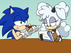 Size: 1720x1280 | Tagged: safe, artist:sonicguru, lanolin the sheep, sonic the hedgehog, chili dog, notepad