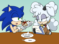 Size: 1720x1280 | Tagged: suggestive, artist:sonicguru, lanolin the sheep, sonic the hedgehog, alternate version, chili dog, implied blowjob, implied shipping, implied sonalolin, implied straight, notepad