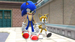 Size: 1192x670 | Tagged: safe, artist:metalclassy, artist:sab64, miles "tails" prower, sonic the hedgehog, 3d, abstract background, duo, mmd, station square, walking