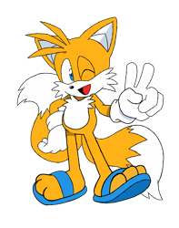 Size: 720x913 | Tagged: safe, artist:sonic-ray, miles "tails" prower, 2025, barefoot, flat colors, hand on hip, looking at viewer, mouth open, open smile, paws, sandals, simple background, smile, smiling at viewer, solo, standing, transparent background, v sign, wink