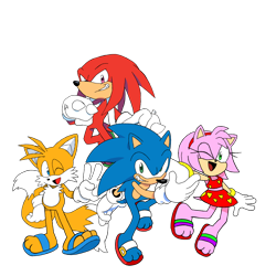 Size: 3072x3072 | Tagged: safe, artist:sonic-ray, amy rose, knuckles the echidna, miles "tails" prower, sonic the hedgehog, 2025, alternate version, barefoot, beach outfit, bikini, group, mid-air, mouth open, open smile, paws, sandals, simple background, smile, smiling at viewer, standing, team sonic, transparent background, v sign, wink