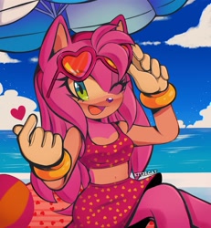 Size: 2931x3174 | Tagged: safe, artist:vanyloveart, amy rose, 2025, abstract background, beach, beach outfit, belly button, bikini, clothes, clouds, daytime, eyewear on head, heart, long hair, midriff, ocean, open smile, outdoors, signature, sitting, smile, smiling at viewer, solo, sunglasses, towel, umbrella, water, wink, winking at viewer